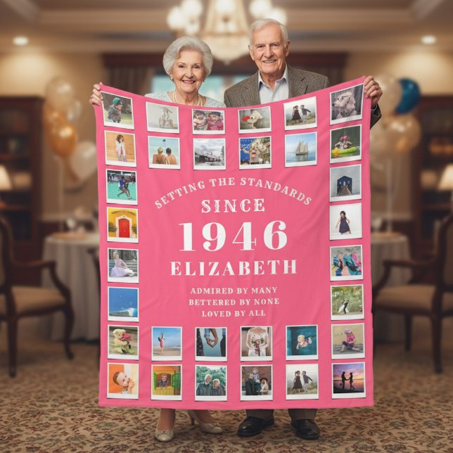 Manta Polar 80th Birthday Mother Family Photo collage Pink (Born 1946 pink fleece blanket with photos held by a an elderly couple)