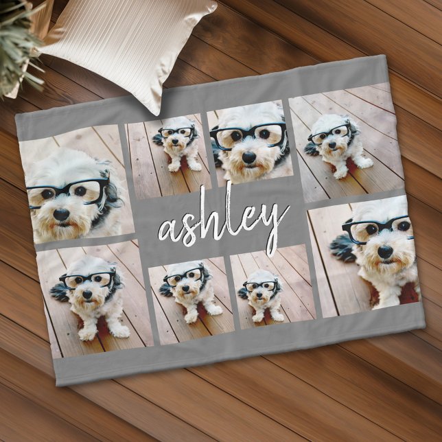 Manta Polar 8 Collage de fotos Añadir su nombre caligrafía gri (Custom Fleece Blanket - Add Photos and Text)