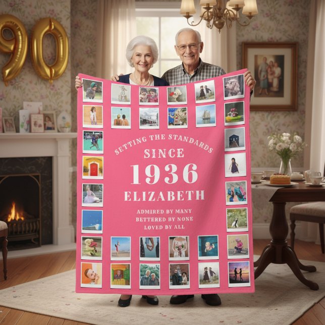 Manta Polar 90th Birthday Mother Family Photo collage Pink (Born 1936 Pink fleece blanket held by an elderly couple.)