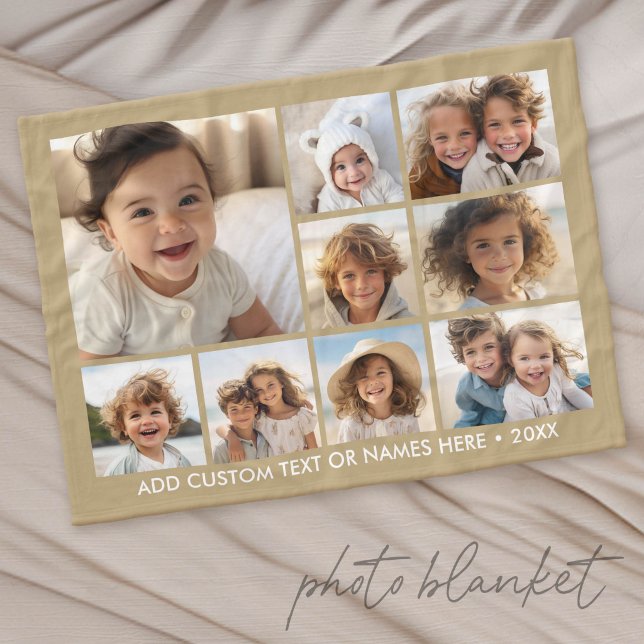 Manta Polar 9 Cuadrado de Colaje - neutral con texto blanco (Custom Photo Blanket with Lots of Photos)