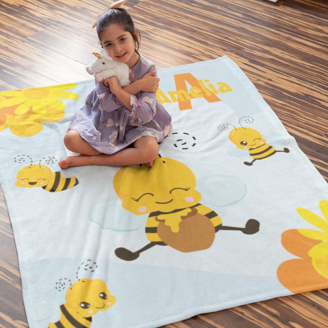 Manta Polar Abeja de burbuja feliz con flores niño pequeño (Subido por el creador)