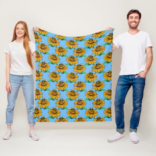 Manta Polar Abeja en diseño de patrón de flor de girasol azul