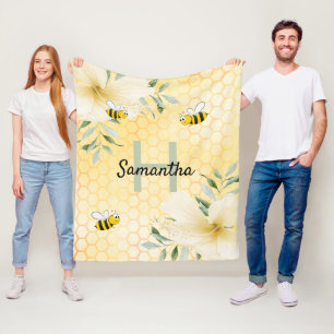 Manta Polar Abejas floral amarilla honeycomb monogramado