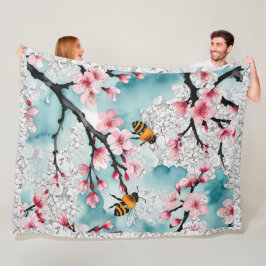 Manta Polar Abejas y flores de cerezo rosadas encaje vintage
