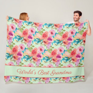 Manta Polar Abuela del Mundo Mejor Flores Rosadas Purpura Verd