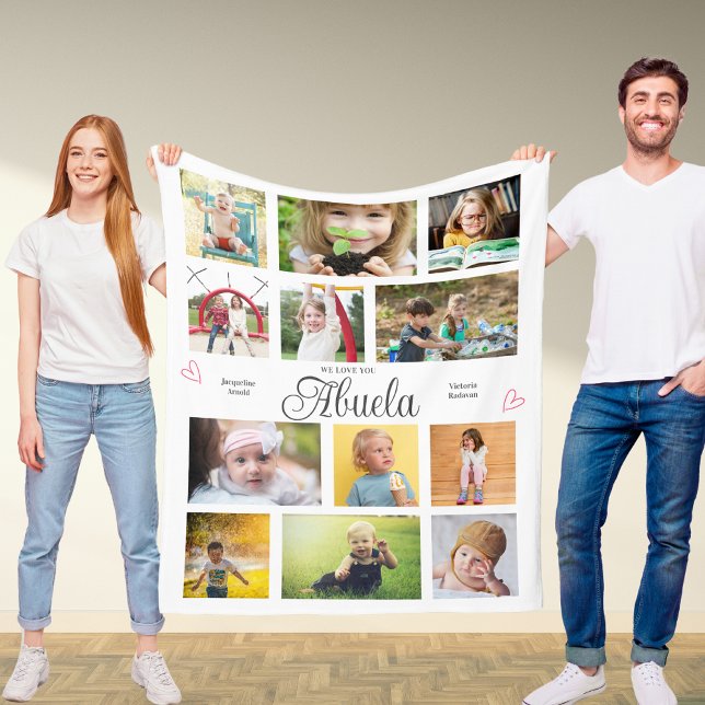 Manta Polar Abuela te amamos los corazones personalizados mode (Abuela custom fleece blanket with favorite photos and custom text.)