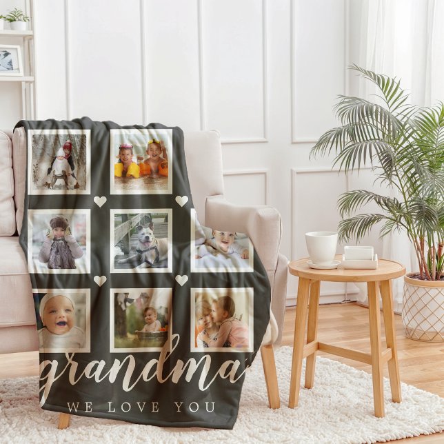 Manta Polar Abuela te queremos Collage de fotos Gray (Grandma We Love You Photo Collage Gray Fleece Blanket)