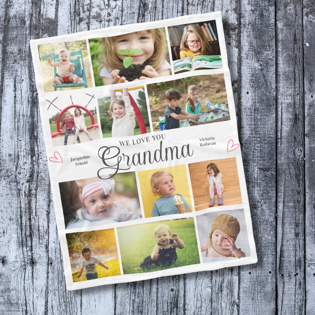 Manta Polar Abuela: Te queremos los corazones personalizados (Personalized Grandma we love you fleece blanket with 12 photos and custom text)