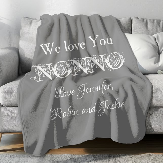 Manta Polar Abuelo NONNO Nombres personalizados Cuto moderno ("We Love You NONNO" personalized gray fleece blanket.)