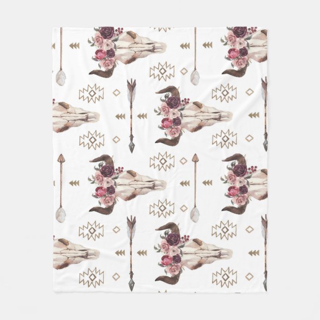 Manta Polar acuarela Boho: flechas, patrón de cráneo. (Anverso)