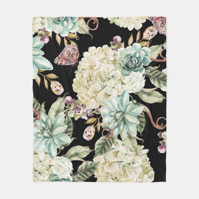 Manta Polar Acuarela brillante: Patrón Rosa de Hydrangea. (Anverso)