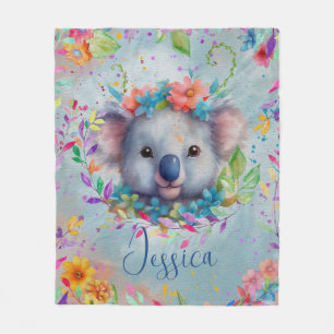 Manta Polar Acuarela Cuta Koala con flores