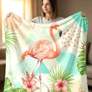 Manta Polar Acuarela de Flamenco Tropical y Patrón Geométrico
