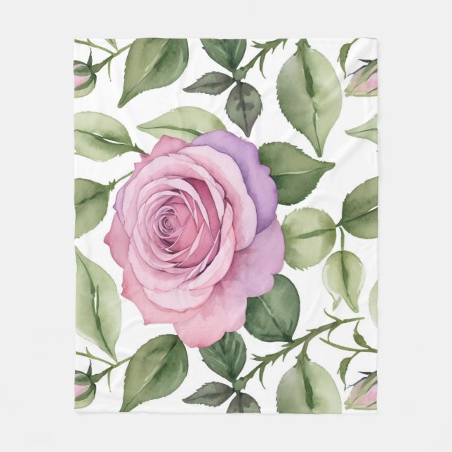 Manta Polar Acuarela de rosas rosadas y lavanda (Anverso)