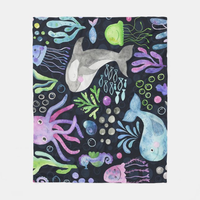 Manta Polar Acuarela de vida marina, fondo oscuro. (Anverso)