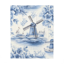 Acuarela del molino de viento Delft holandés azul
