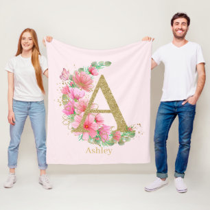 Manta Polar Acuarela dorada y monograma floral letra A