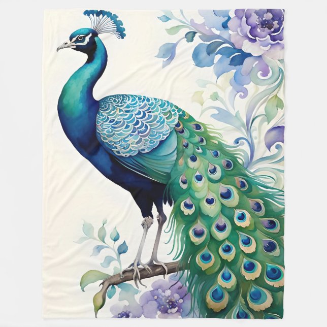 Manta Polar Acuarela floral de pavo real (Anverso)