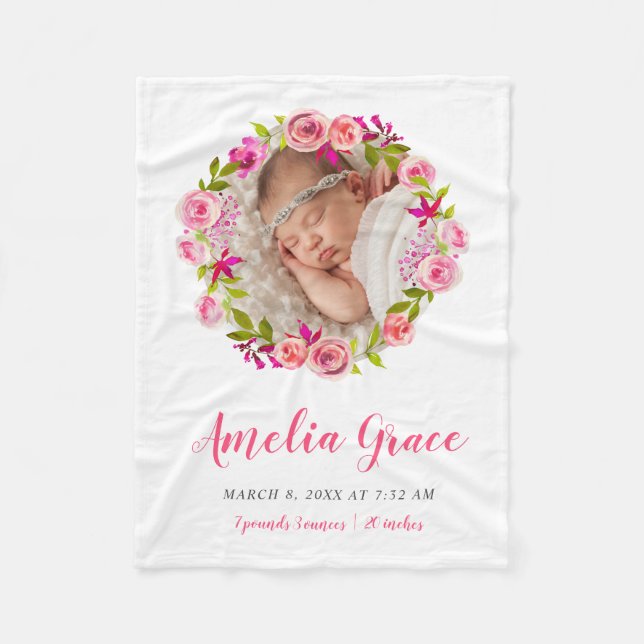 Manta Polar Acuarela Floral Foto Bebé Estadísticas de nacimien (Anverso)