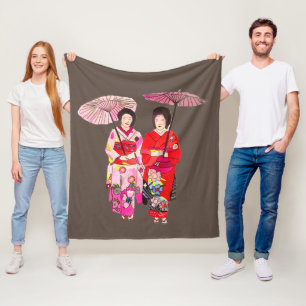 Manta Polar Acuarela Geisha con tema de arte kimono Japón