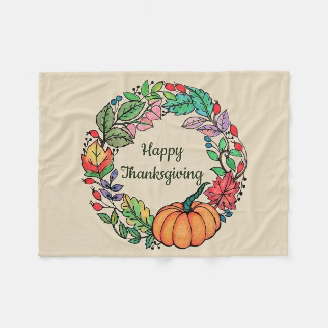 Manta Polar Acuarela Hermosa guirnalda de calabaza con hojas (Frente (Horizontal))