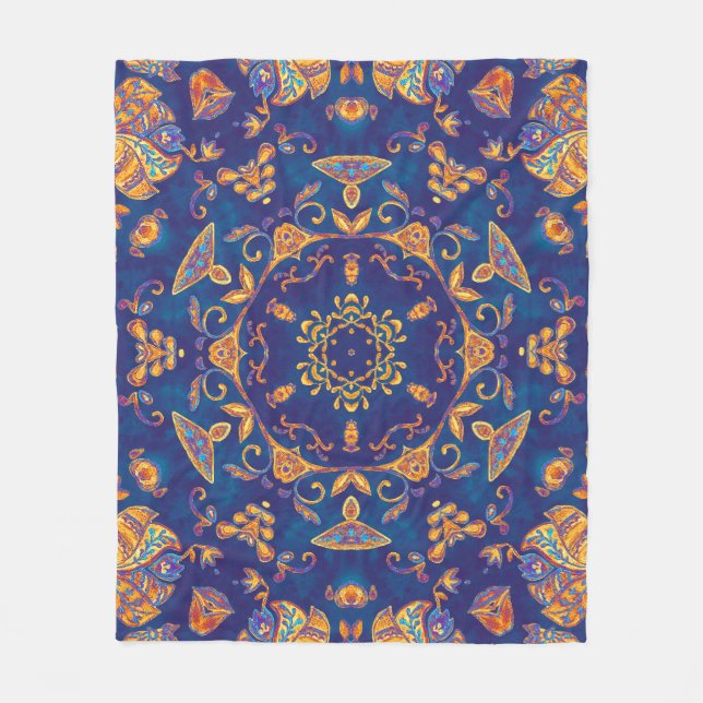 Manta Polar Acuarela Kaleidoscope Mandala Oriental Design. (Anverso)