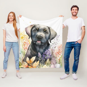 Manta Polar Acuarela Labrador Retriever negro y flores
