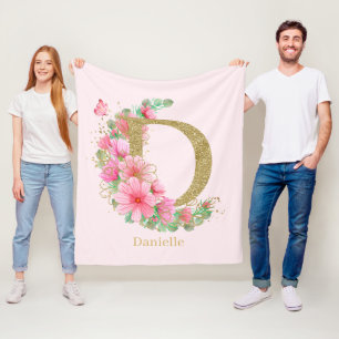 Manta Polar Acuarela oro y monograma floral letra D