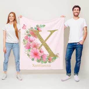 Manta Polar Acuarela oro y monograma floral letra X