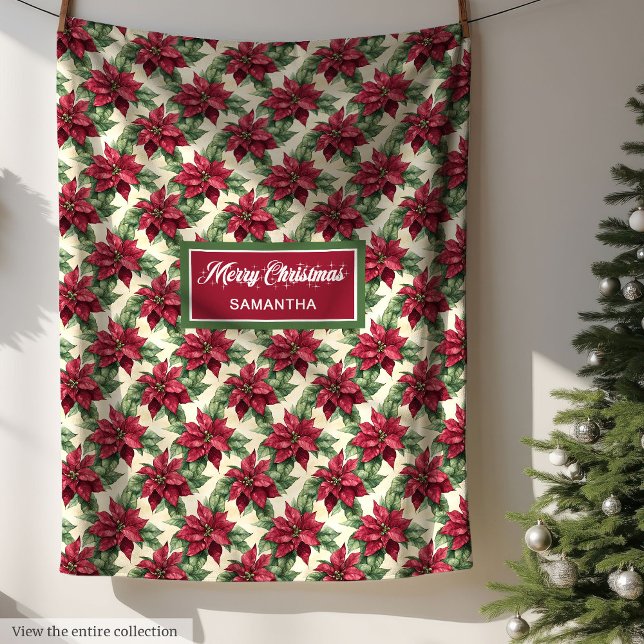 Manta Polar Acuarela Profundo Poinsettia Rojo Sage Green Silen (Watercolor Deep Red Poinsettia Sage Green Muted Fleece Blanket)