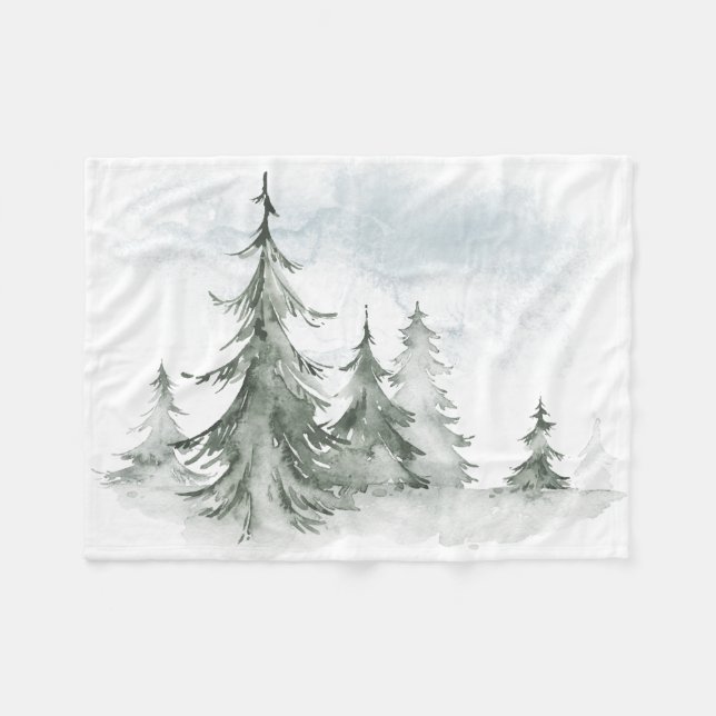 Manta Polar Acuarela Rustic Fir Trees Invierno (Frente (Horizontal))