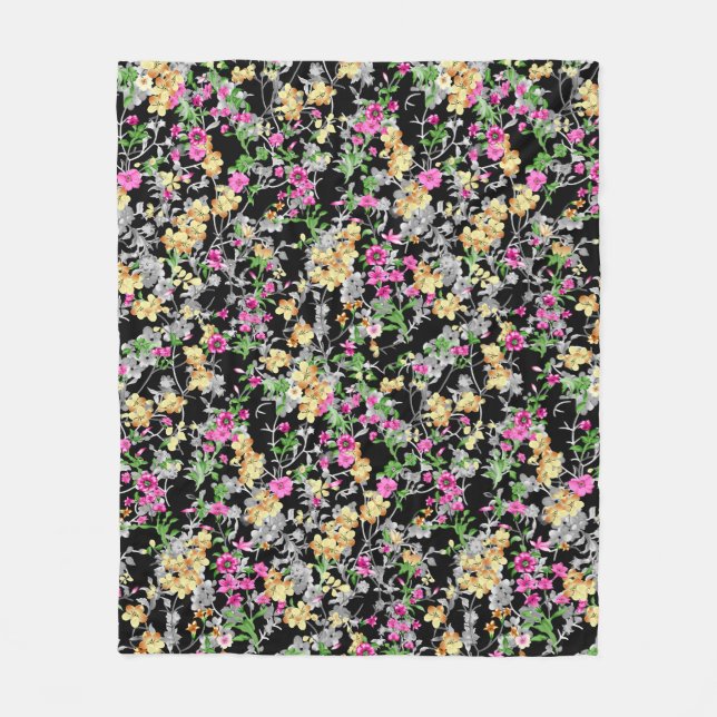 Manta Polar acuarela transparente patrón floral negro (Anverso)