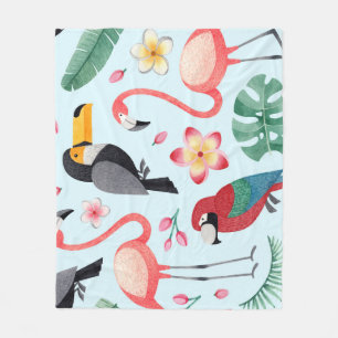 Manta Polar Acuarela Tropical: Fusión De Flor De Ave.