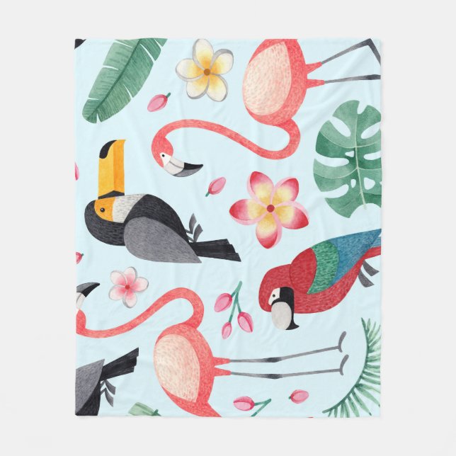 Manta Polar Acuarela Tropical: Fusión De Flor De Ave. (Anverso)