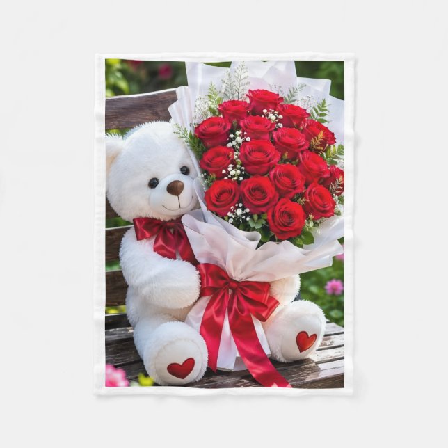Manta Polar ADOM Cute Teddy Bear & Roses Blanket (Anverso)