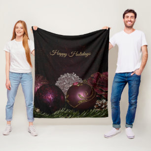 Manta Polar Adorno Navideño de Fiesta Rosa Hojas Verdes Negras