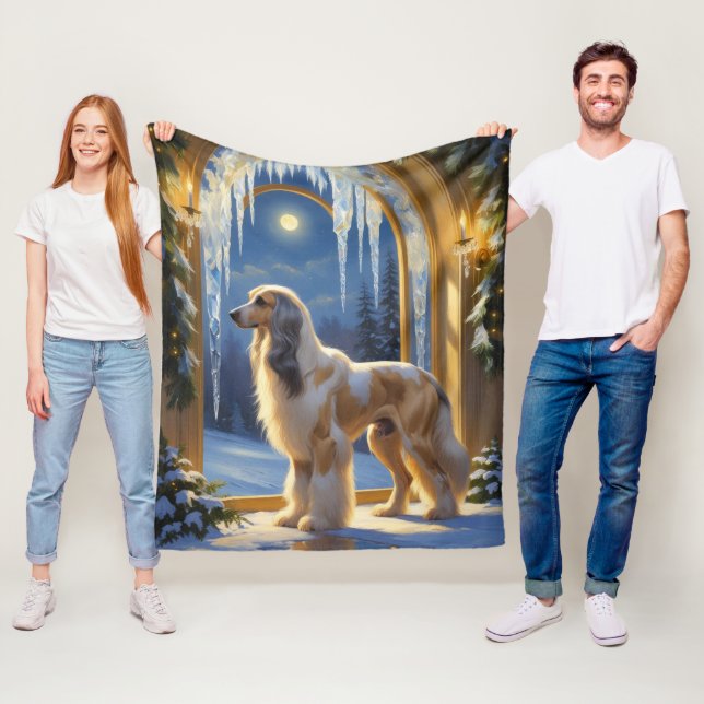 Manta Polar Afghan Hound With Christmas Lights Holiday (In situ)