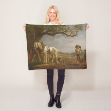 Agricultores descansando en un campo con caballos 