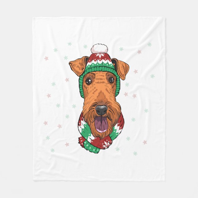 Manta Polar Airedale Terrier en gorra de navidades (Anverso)