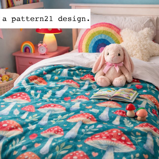 Manta Polar almohada con historia de hongo en patrón de acuare (Sweet toadstool mushrooms add storybook magic to a colorful inspired kids room.)