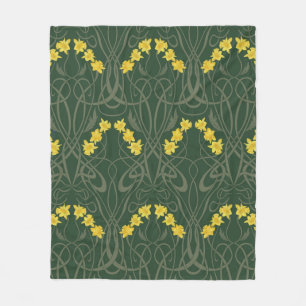Manta Polar Amarillo Art Nouveau Narcisos y Tallos Verdes