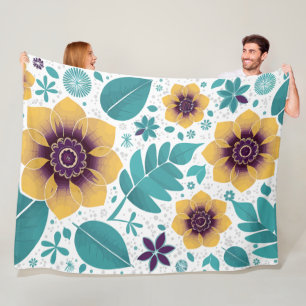 Manta Polar Amarillo Brillante y Floral Teal sobre Fondo Blanc