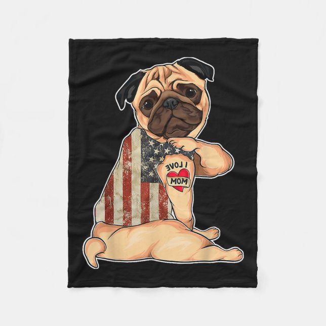 Manta Polar Amo a mamá Tattoo Pug Camisa de perro Moda de band (Anverso)