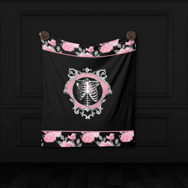 Manta Polar Amor gótico | Floral cardíaca rosa y negra de esqu (Subido por el creador)