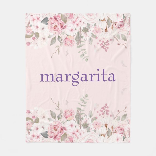 Manta Polar Añadir nombre Boho Flores blancas verdes rosas (Anverso)