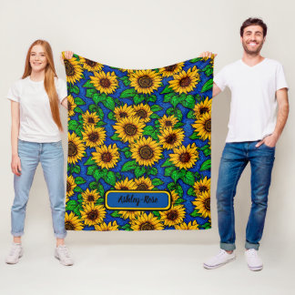 Manta Polar Añadir nombre girasoles dorados y hojas en azul os