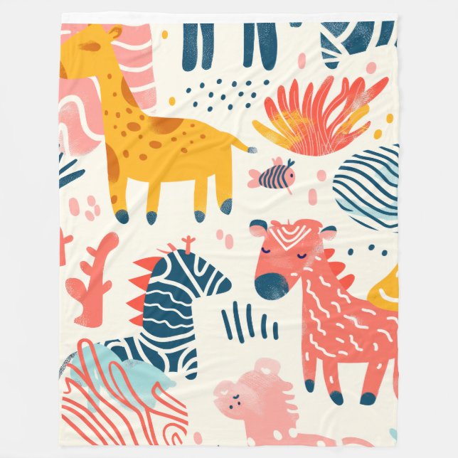 Manta Polar Animales de fantasía juguetones sobre blanco (Anverso)