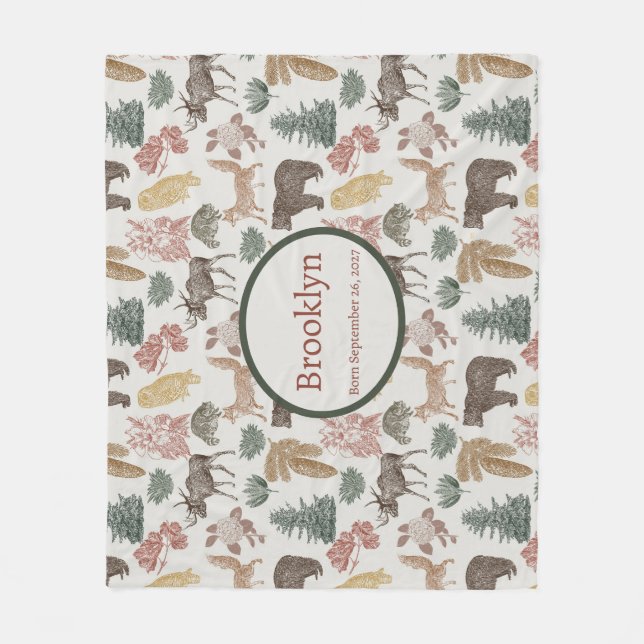 Manta Polar Animales de Woodland: Bebés, zorros, búhos. (Anverso)