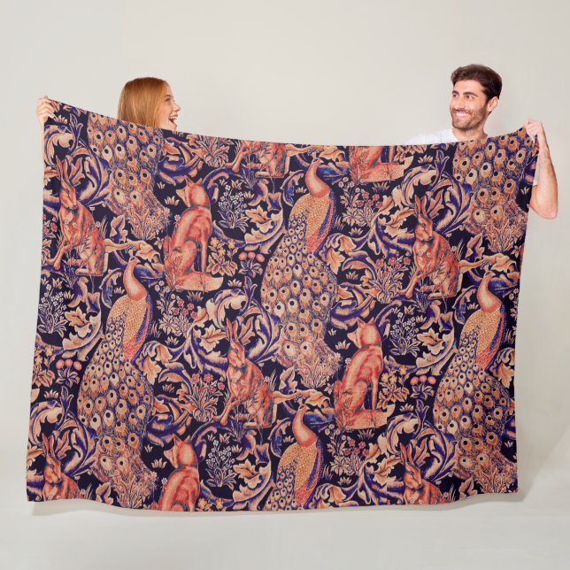 MANTA POLAR ANIMALES FORESTALES, FOX, PEACOCK, FLORAL AZUL ROS (In situ)