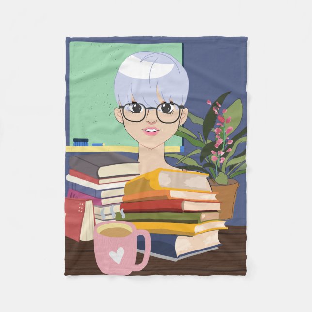 MANTA POLAR ANIME , CHICA , CON LIBROS, (Anverso)